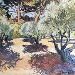 95-Oliviers et pins, Technique mixte (fusain, pastel, huile), format 92 cm x 73 cm, prix : 1100 €