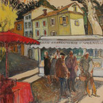 35- Saint-chinian, le marché du jeudi, le charcutier, Technique mixte (fusain, pastel, huile), format 65 cm x 81 cm, prix : 950 €