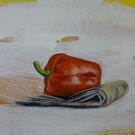 Paprika auf Zeitung, 2003, Mischtechnik/LW, 85 x 58 cm, Privatbesitz