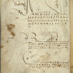 Planche d’exercice notarial. deuxième quart XVe siècle. Alphabets décorés de filigranes à la plume et de lettres cadeaux.  Peut-être réalisée par le scribe Ricardus Franciscus.