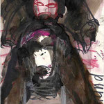 Die letzte Reise (Skizze), 29,7 X 21 cm, Marker, Lack, Acryl, Graphit, Ölfarbe, Pastell, Wachsmalstift  auf Papier,  2010  (Sammlung K. B )