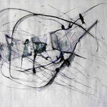 Latrinalia-Fragment, 61 X 78 cm, Tintenstift, Marker, Kugelschreiber, Abkratzungen, Collage auf weiss übermaltem Papier, Zustand 24.2.2013