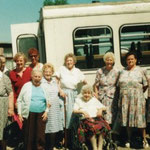 Summer 1992 with our bus outside the Community House. Left to right are Evelyn, Elsie, Alice Cornwall, Carol Hodby, Annie, Fred Hannon, Ivy Stanley, Pauline Carter, Jean, Rose, Renee Martin, Emily, Gladys, Winnie Heath, Edna Bash, Dolly Shepherd.