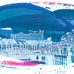 Speicherstadtbrücke und Elbphilharmonie Weiß auf Blau und Pink, 30 x 21 cm