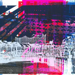 Speicherstadtbrücke und Elbphilharmonie Weiß auf Hafencity, Docks und Dockland Schwarz, Blau, Rot und Pink, 30 x 21 cm - verkauft