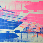 Dockland und Kräne dunkelblau und neonpink upsidedown, 70 x 100 cm