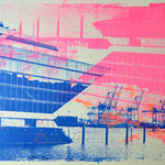 Dockland und Kräne dunkelblau und neonpink upsidedown, 70 x 100 cm - verkauft