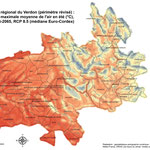 Modélisation du climat futur (température maximale en été), Parc naturel régional du Verdon, réalisation GeographR