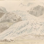 „Der Gorner Gletscher bey Zermatt 1825.“ Der vorstossende Gornergletscher bedroht die Hütten der Alp Im Boden – hier abgerissene und in den tiefer liegenden Weilern wieder aufgerichtete Bauten werden uns noch begegnen.