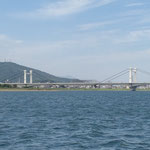 吉野川の河口まで来て遊船からしらさぎ大橋と眉山を眺望しました。　・鱚釣りの船を左右に船遊(和良)