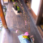 原田家の縁側には菜の花と花を付け始めた桃が活けられていました。　・菜の花とほころび初めし桃の花(和良)
