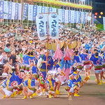 徳島市内の桟敷では連日、次々に有名連が繰り出していました。　　　　　・次々に繰り出す連や阿波踊(和良)