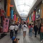 道後温泉のアーケードのある商店街では夏料理の簾暖簾が目に入りました。　・夏料理大きな簾暖簾かな(和良)