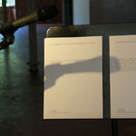 Primo piano: Hannes Egger, "Viva voce", 2018, altoparlante, microfono, leggio, corda, vestiti, stampa su carta, ph. Claudio Tornieri