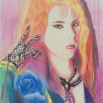 YOSHIKIさん似顔絵/1991年・色鉛筆画/作詞作曲・ピアノ ドラムを演奏。 ロックそしてクラシックに造詣が深く幅広い音楽性。「YOSHIKIさんの心に残るお言葉 *とりあえず目標みたいなものは常にある　*まず悩む前に演る　*マイナスをプラスに変える *自分に負けたくない　*全て自分の意志で選んでいる　*俺の中心は気合だ」