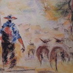 144 - le berger et son troupeau - pastels février 2019 - encadré - dimensions 50x65