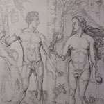 137 - Adam et Eve (d'après une oeuvre de Dürer) - encadré - dessin à la mine de plomb - fin novembre 2018 - dimensions 50x65