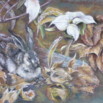 130 - lièvre tapit dans les feuilles - pastels juin 2018 - encadré dimensions 50x65