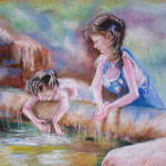 89 - Petites filles jouant avec l'eau - pastels 2016 - VENDU - encadré 75x55