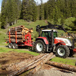 Rundholz laden mit Traktor und Plattformhänger, Johannestal