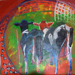 "Kühe im WM-Stadion", 2010, 50 x 50cm Acryl, Öl auf Leinwand