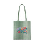 ギンガムチェックに刺繍風プリントをあしらった、レトロで新鮮な印象のトートバッグ。 約38×34cmのゆったりサイズです。　￥1,430