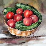 Stillleben mit Tomaten, Gurken und Zucchini im Korb (31) / Watercolour 30x40cm © janinaB.