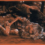 1370  P 1863  Thomas Tham, so schlafen meine Kinder am Valentinstag, JASON and his bed, 30 x 21 cm,  Carbon und Farbstift, Neusäß und Gersthofen, 12. und 13.3.2014 