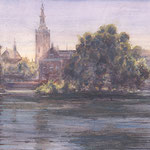 Commision House of Parlements The Netherlands, Hofvijver. Watercolour 55 x 140 cm. Opdracht Tweede Kamer der Statengeneraal. Aquarel 55 x 140 cm
