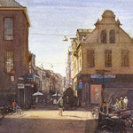 Zwanestraat vanaf Grote Markt Groningen. Watercolour. 40 x 40 cm SOLD