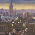 Commision House of Parlements The Netherlands, The Hague from above. Watercolour 60 x 115 cm. Opdracht Tweede Kamer der Statengeneraal. Den Haag van bovenaf. Aquarel 60 x 115 cm