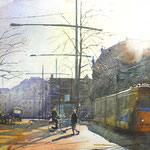 Hofweg met tram, Den Haag. Watercolor. 50 x 70 cm SOLD
