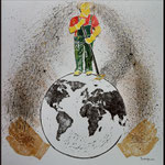 "Series Climate and Environment - The Sweeper" / Indian ink, Tusche /lino cut, Linolschnitt /  wood cut, Holzschnitt / 75 x 110 cm / 2022