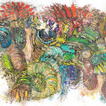 Crazy Creatures / Indian ink, papercut with watercolour background / 75 x 110 cm / 2021 (Repro Roland Froschauer)