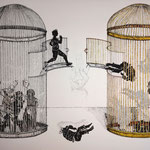 "Bridging the Gap" / Indian ink, Tusche / lino cut, Linolschnitt /cut out, ausgeschnitten /3 D Collage / 110 x 75 cm / 2022
