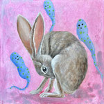 Haunted Jackrabbit Grooms Itself Without Realizing that it id Being Haunted, oil on panel, 12" x 12"