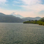 From a Cruise Ship on Lake Ashi with Mount Fuji.