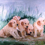 Cider, Molson, Daisy, Scooter, and Grace, 1996 Oil on canvas, 48 x 64 inches