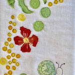 Leporello sider Flower Power 26x73cm, applikasjon, maling, sjattering, maskinquilting, broderi, lin, bomull