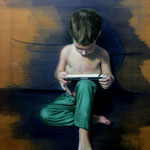 Alex jugando con la tablet - óleo sobre lienzo - 50x70