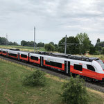 Juli 2023: ÖBB Zug ausserhalb von Romanshorn, wo es einen Richtungswechsel gegeben hat. (Aufnahme vom Juni 2023.)