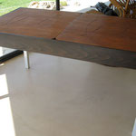 BOX FISH table: 4 recovery tabletops, copper wire, acrylic enamel, tar; unique piece, 2011; cm. 74x144/284x72