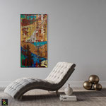 Ohne Titel 101(70 x 140 x 1,8Moderne abstrakte Acrylkunst von Petra Reinhard. Tiefe Texturen, klare Komposition, farbdynamisch