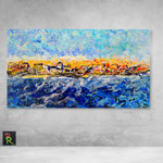 Orange-Blue (125 x 70 x 1,8).Acryl auf Leinwand. Typisch für meinen texturstarken, modernen, farbintensiven Stil. Ideal für große Räume und Architekturkonzepte.
