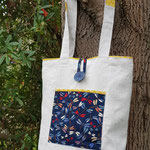 Stadttasche aus Leinen 35x42 cm mit Innenfutter, mit Außentasche Motiv Libellen aus jap. Baumwolle