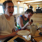 Eating lunch at the halfway point of our bike trip
