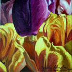 tulipanes amarillos y violeta, 20cm x 20cm, acril s / tela, 2010, Verkocht.