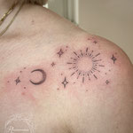 fineline shoulder tattoo moon stars galaxy