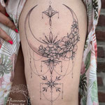 moon ornamental floral fineline leg tattoo