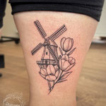 windmill dutch fineline tattoo tulips 